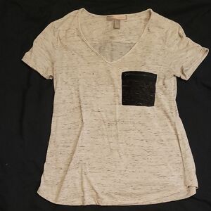 Forever 21 Beige Marled V-Neck Tee with Black Pocket